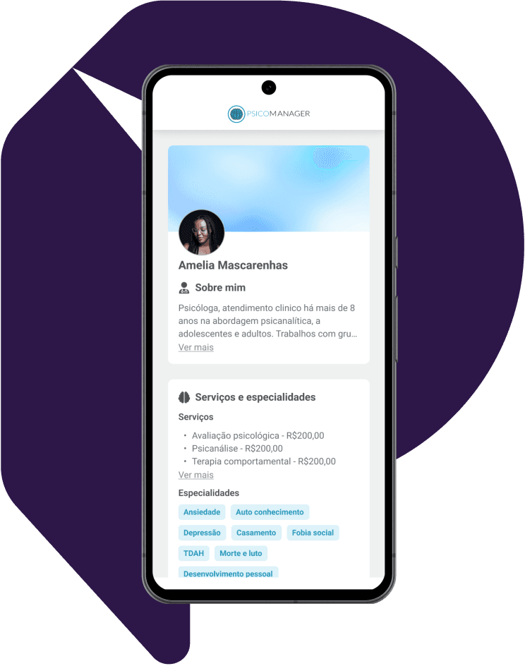 Imagem de uma smartphone com a página de agendamento online e logo do psicomarketing por trás